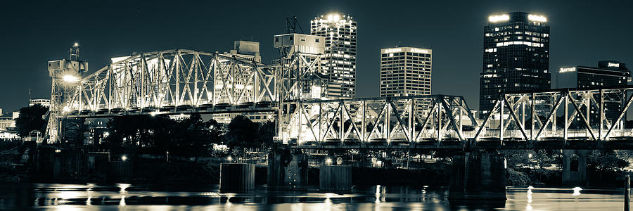 Little Rock Junction Bridge And Skyline Sepia Panorama Photograph by Gregory Ballos
