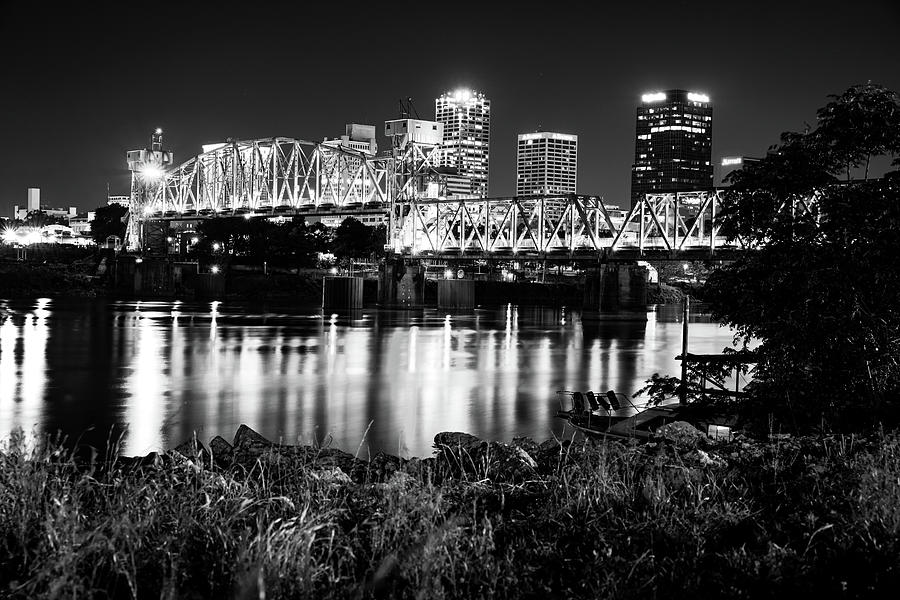 Little Rock Skyline And Junction Bridge At Night - Black And White Edition Photograph by Gregory Ballos