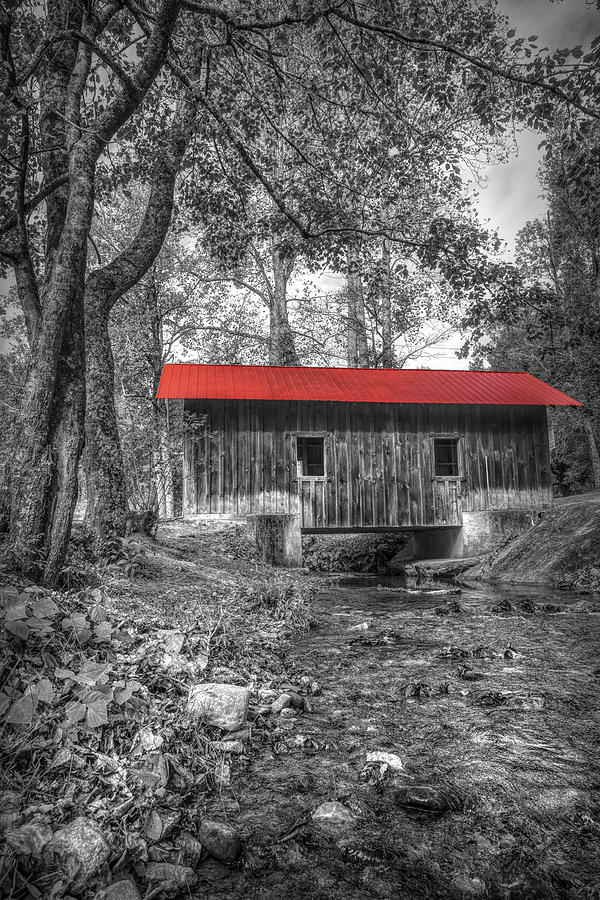 Little Smoky Mountain Covered Bridge in Black and White and Red Photograph by Debra and Dave Vanderlaan