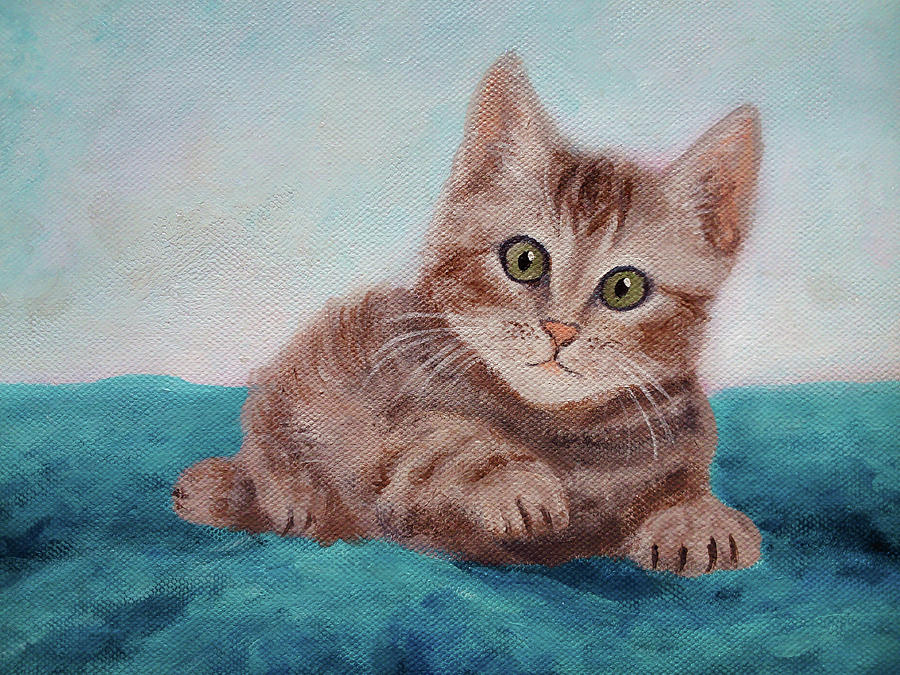 Little Tabby Cat Painting, a Cute Kitty Lying on a Blue Blanket Painting by Aneta Soukalova