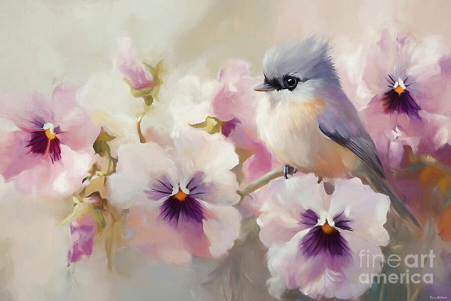 Little Titmouse In The Pansies Painting by Tina LeCour Little Titmouse In The Pansies Painting by Tina LeCour