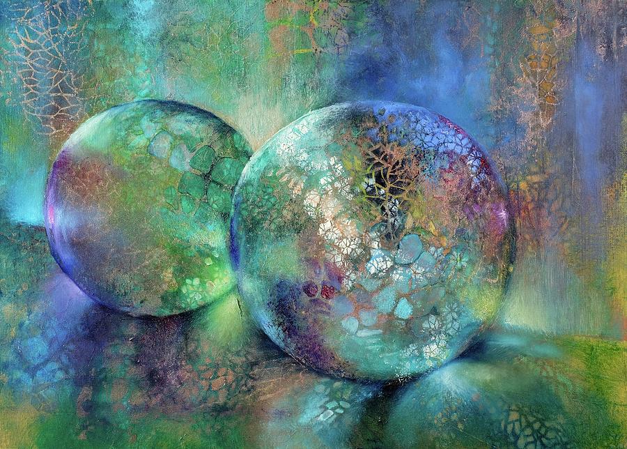Little treasures - green, pink and blue Painting by Annette Schmucker