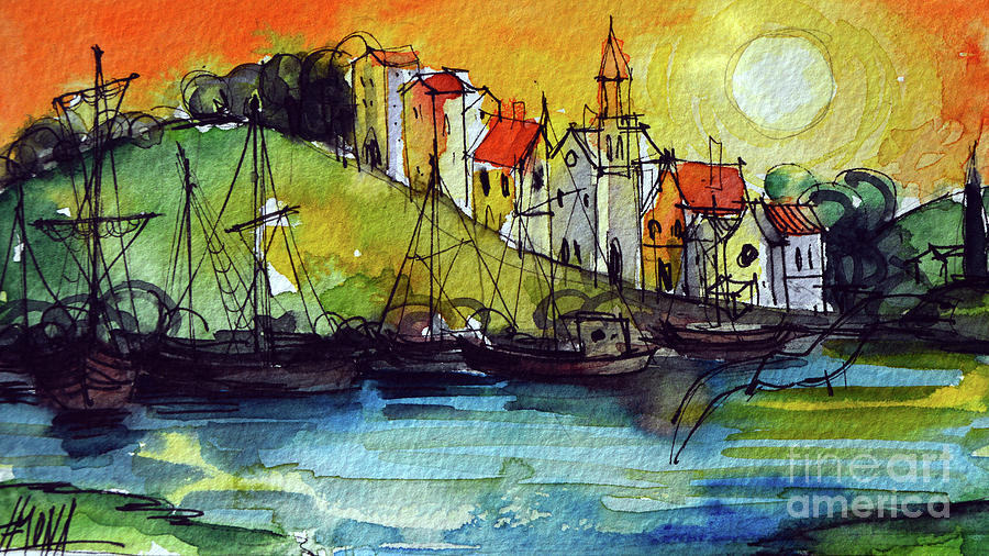 LITTLE VILLAGE AT SUNSET watercolor painting Mona Edulesco Painting by Mona Edulesco