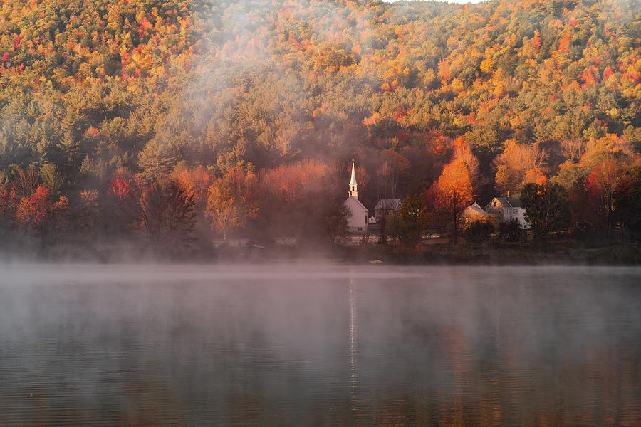 Little White Church in the Autumn Mist Photograph by Jeff Folger