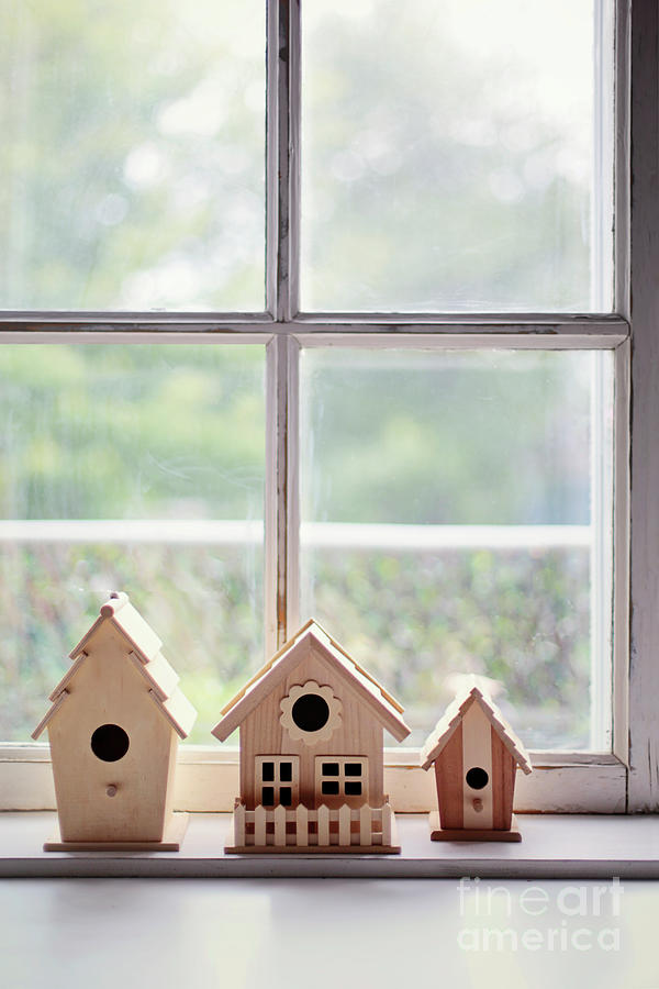 Little wooden bird houses on window sill Photograph by Sandra Cunningham