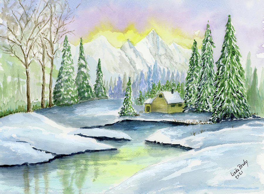 Little Yellow House By The Lake In Winter Painting