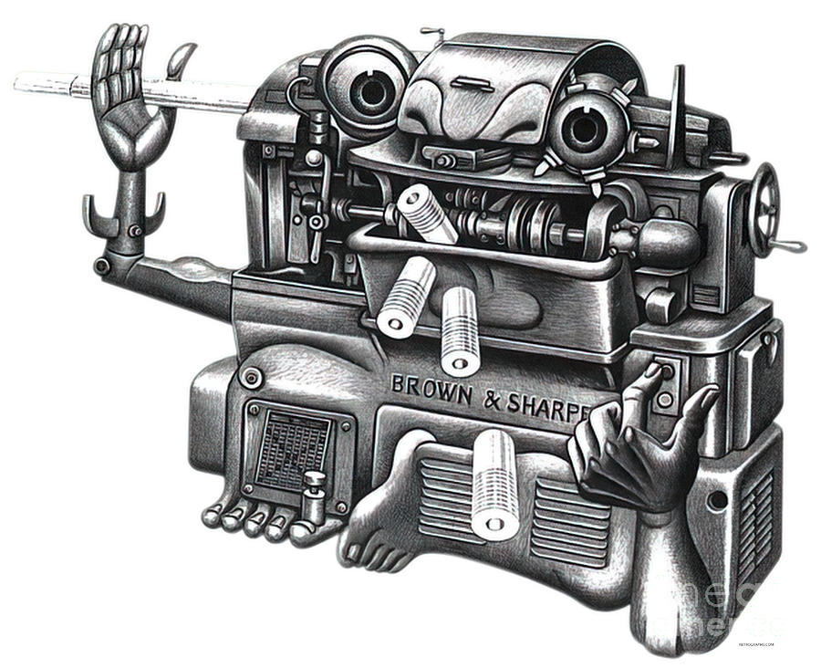 Living Machine 1950s Brown and Sharpe machine tool, part of a series.  Drawing by Boris Artzybasheef