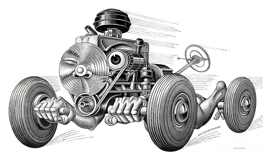 Living Machine speeding chassis ca. 1950, part of a series Drawing by Boris Artzybasheef