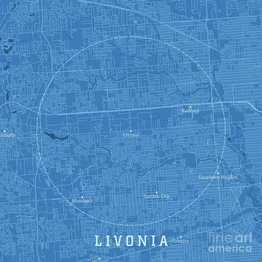 Livonia MI City Vector Road Map Blue Text Digital Art by Frank Ramspott ...