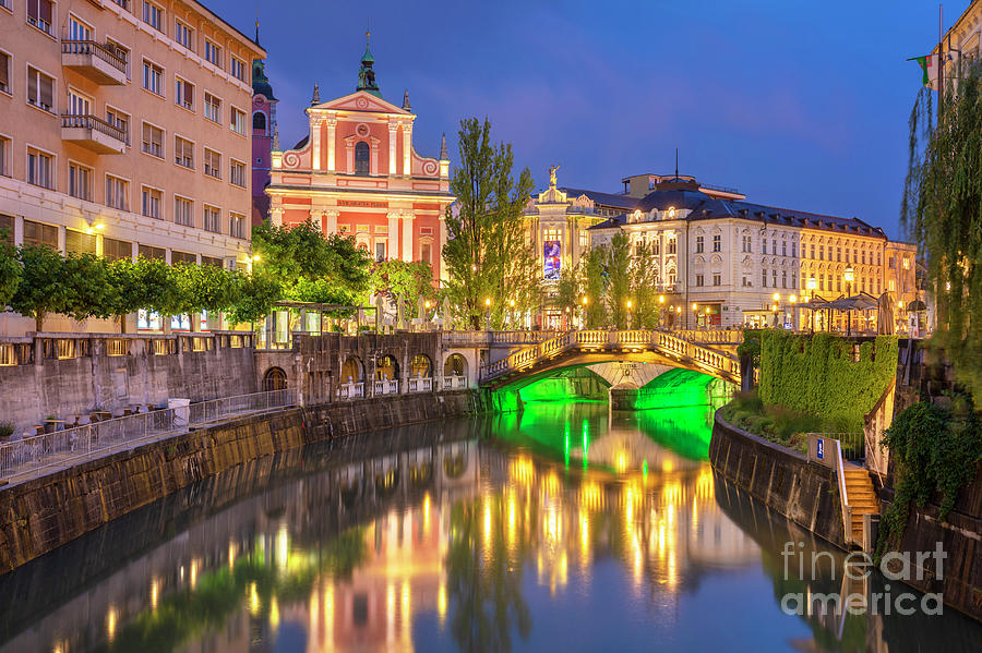 Ljubljanica river and the triple bridge at night, Slovenia Photograph by Neale And Judith Clark