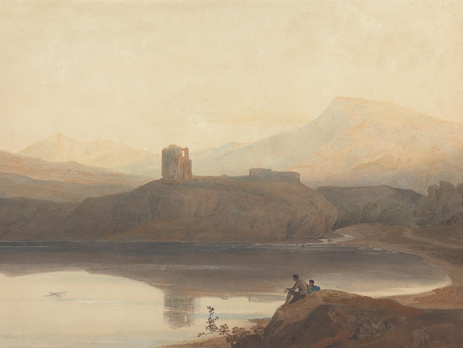 Llanberis Lake, with Castle Dolbadern Drawing by John Varley