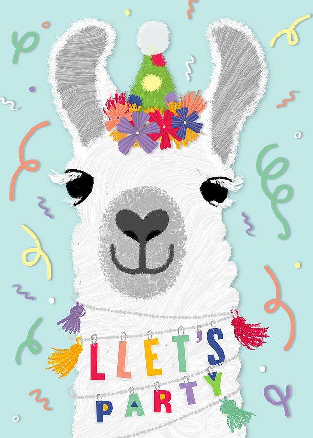 Llets Party Llama Punny Party Animal Birthday Greeting Card - Art by Jen Montgomery Painting by Jen Montgomery