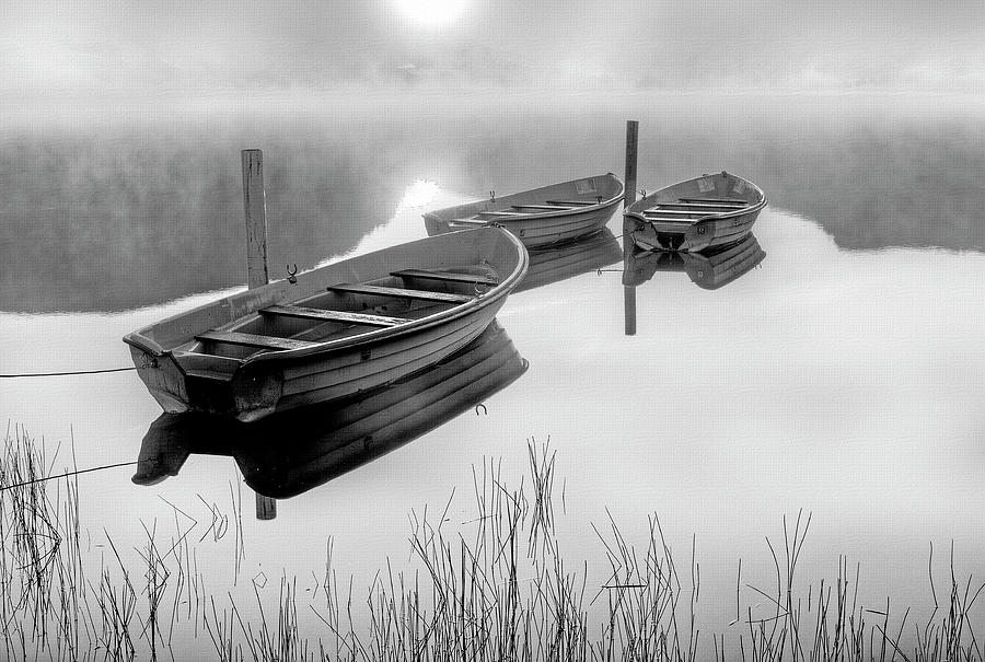 Llyn Nantlle Misty Boats Mixed Media by Mal Bray