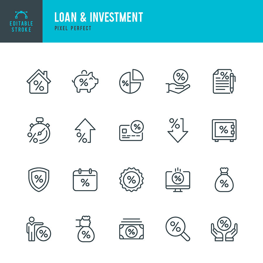 Loan & Investment - thin line vector icon set. Pixel perfect. Editable stroke. The set contains icons: Interest Rate, Loan, Investment, Bank Deposit, Expense, Mortgage. Drawing by Fonikum