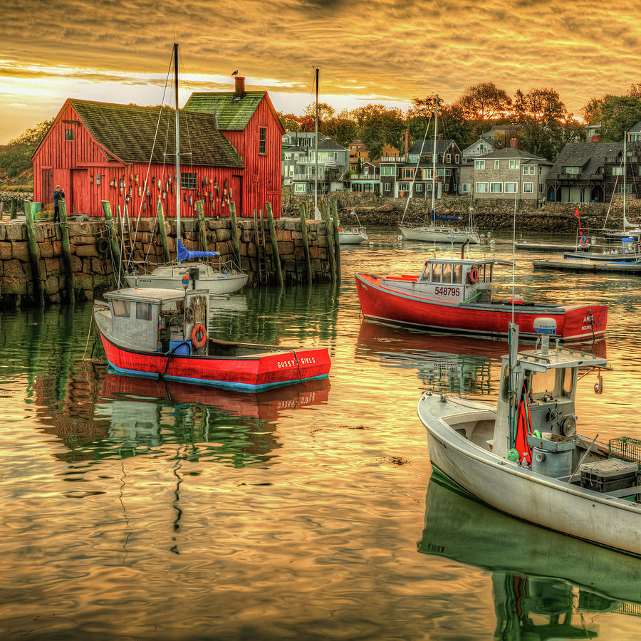 America Photograph - Lobster Boats and Rockports Motif #1 Fishing Shack 1x1 by Gregory Ballos