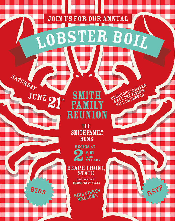 Lobster Boil invitation design template red and white tablecloth background Drawing by JDawnInk