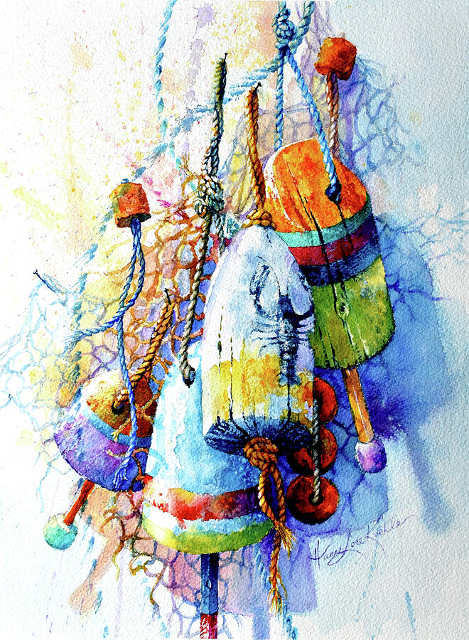 Lobster Buoys And Fishnet Stories Painting by Hanne Lore Koehler