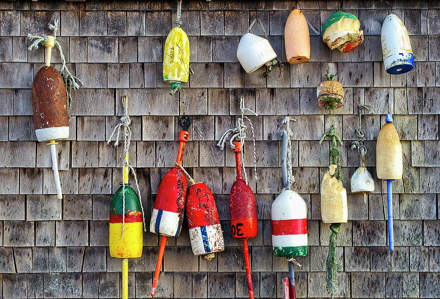 Lobster Buoys on Wall, York, Maine Photograph by Steven Ralser