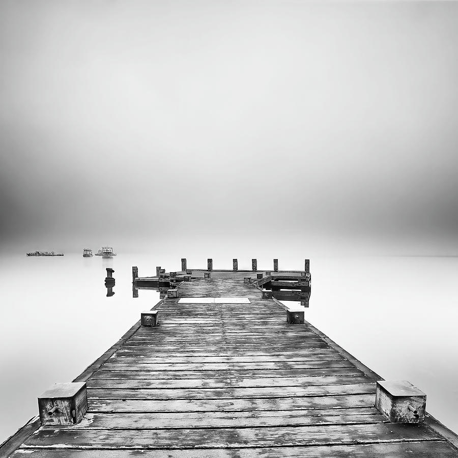 Black And White Photograph -   Loch Lomond Misty Pier by Grant Glendinning
