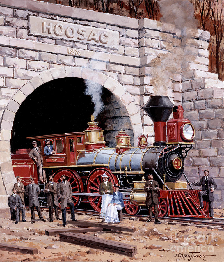 Locomotives - Fitchburg Railroad 4-4-0 Type Engine Number 50 Emerging From Hoosac Tunnel Painting by J Craig Thorpe