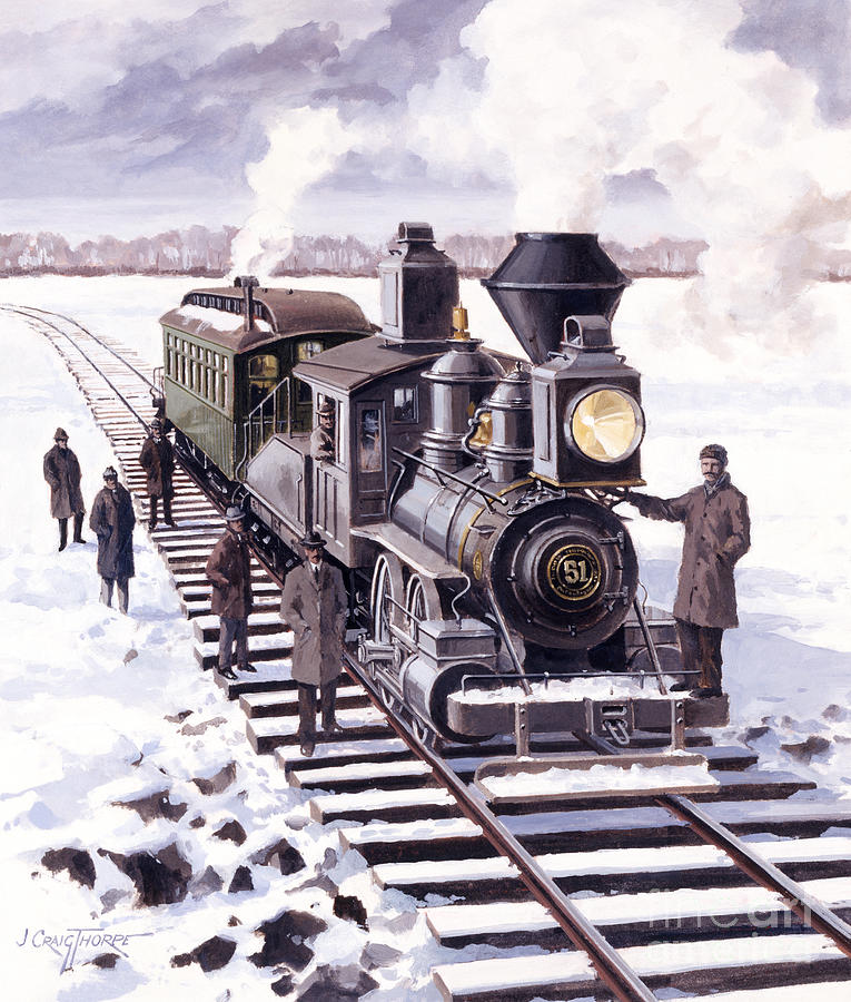 Locomotives - Northern Pacific Engine Number 51 On Missouri River Temporary Winter Crossing Painting by J Craig Thorpe