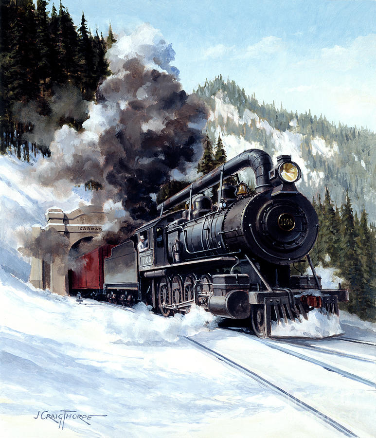 Locomotives - Great Northern Railway 2-8-0 Type Engine Number 1106 Emerging From Cascade Tunnel Painting by J Craig Thorpe