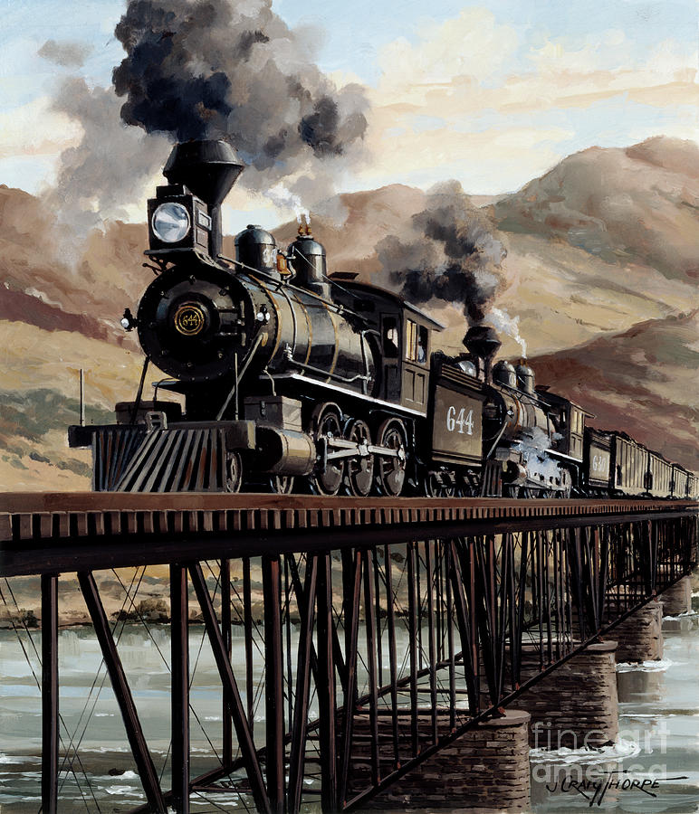 Locomotives - Two Oregon Railroad 4-6-0 Type Engines Double-Heading Over Snake River Bridge Painting by J Craig Thorpe
