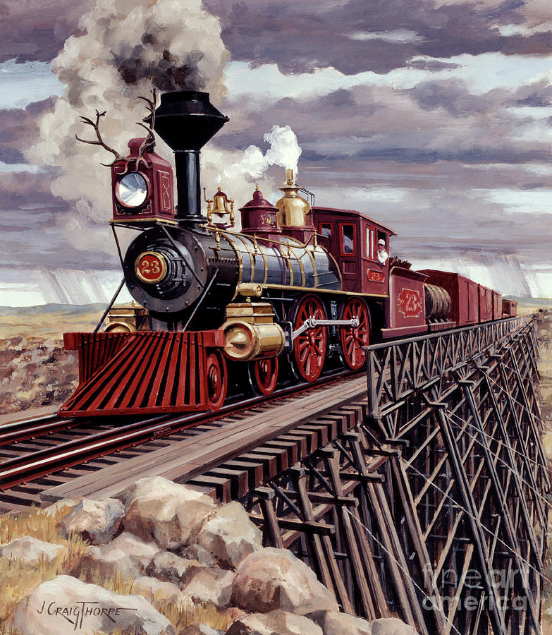 Locomotives - Union Pacific Railroad 4-4-0 Type Engine Number 23 On Dale Creek Bridge Painting by J Craig Thorpe