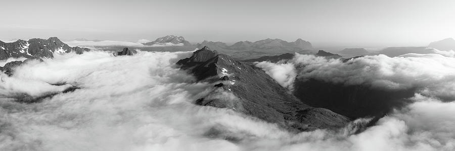 Lofoten Island mountain cloud inversion Norway black and white 2 Photograph by Sonny Ryse