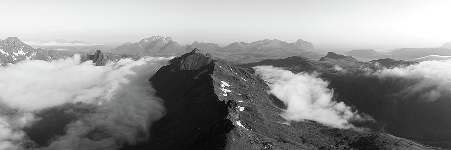 Lofoten Island mountain cloud inversion Norway black and white 4 Photograph by Sonny Ryse