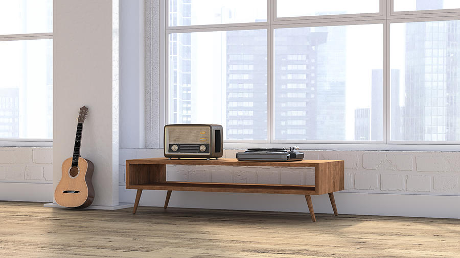 Loft with guitar, radio and record player on sideboard, 3D rendering Drawing by Westend61