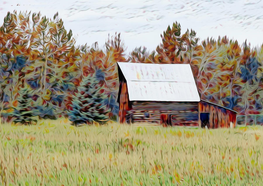 Log Cabin Barn Painted Digital Art by Cathy Anderson