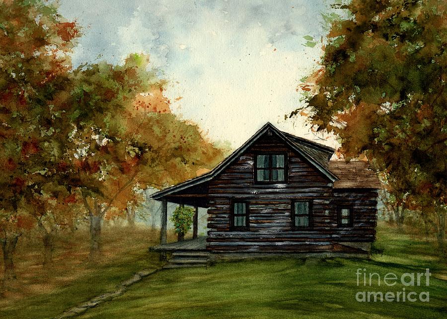 Log cabin by the lake in Autumn gk Painting by Janine Riley