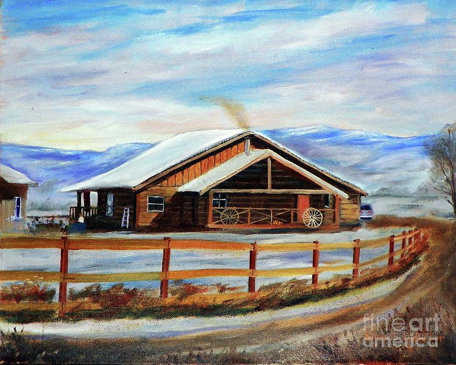 Log Cabin House in Winter Painting by Sherril Porter