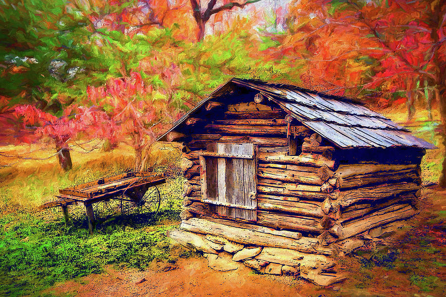 Log Cabin in Autumn ap Painting by Dan Carmichael