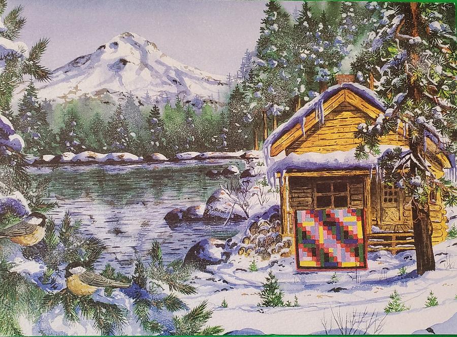 Log Cabin Mountain Quilt Painting by Diane Phalen