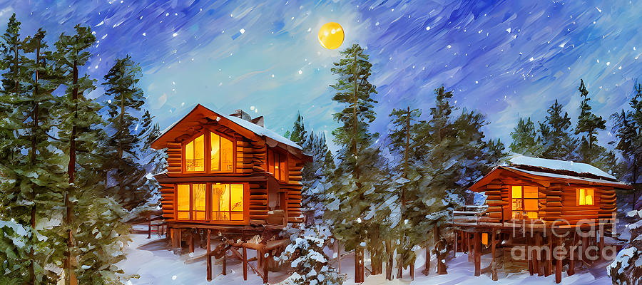 Log Huts In A Snowy Pine Forest Digital Art