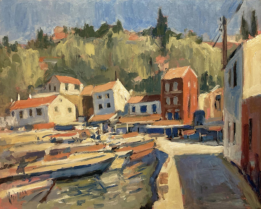 Loggos harbour village front Painting by Nop Briex