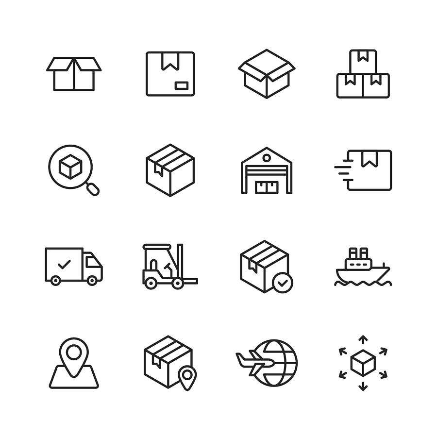 Logistics and Delivery Line Icons. Editable Stroke. Pixel Perfect. For Mobile and Web. Contains such icons as Delivery, Shipping, Box, Garage, Distribution, Yacht, Location Tracking, Truck. Drawing by Rambo182