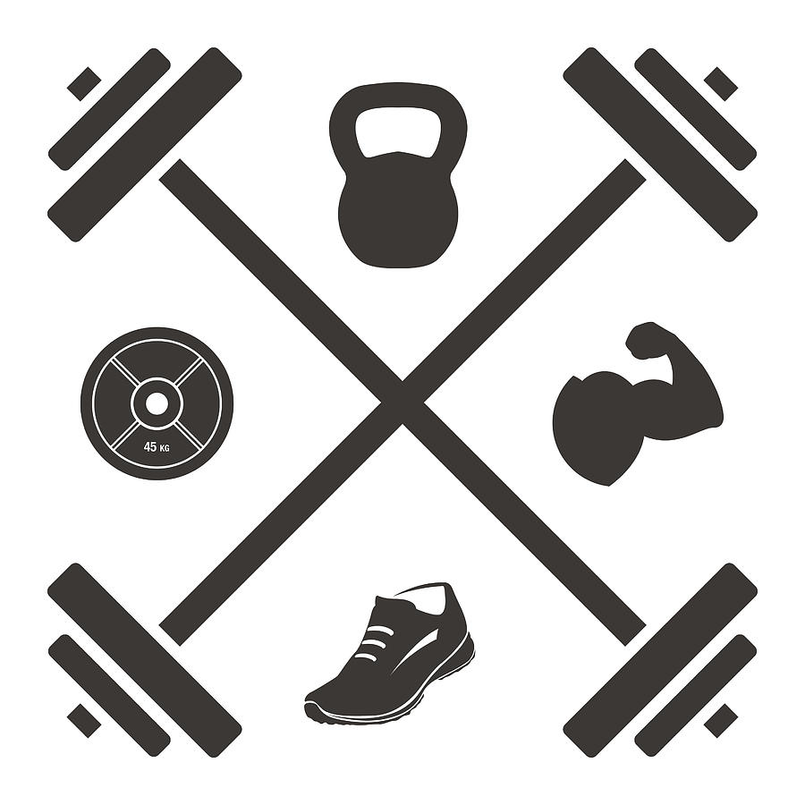 Logo Barbell Cross with Kettlebell Plate Shoe and Muscled Arm Icons Drawing by Bamlou
