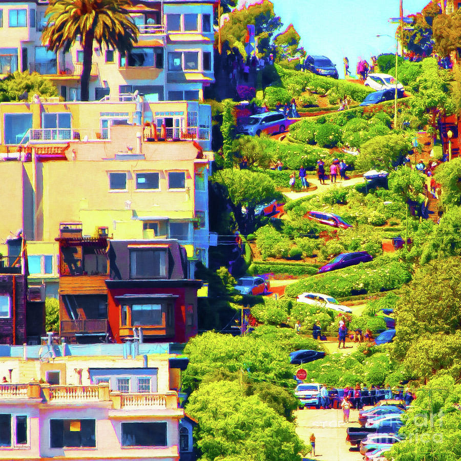 Lombard Street San Francisco Crookedest Street In America R520 20200212 Painterly v3 square Photograph by Wingsdomain Art and Photography