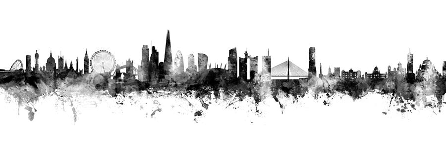 London and Belgrade Skyline Mashup Black White Digital Art by Michael Tompsett