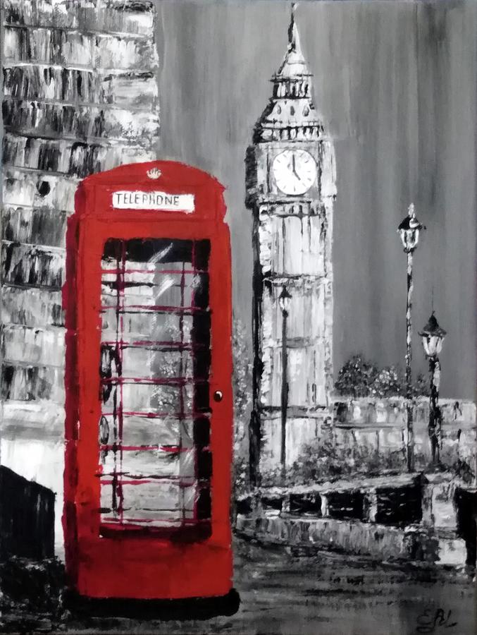 London Big Ben Painting -  London Big Ben and a red telephone booth by Elena Malykhina