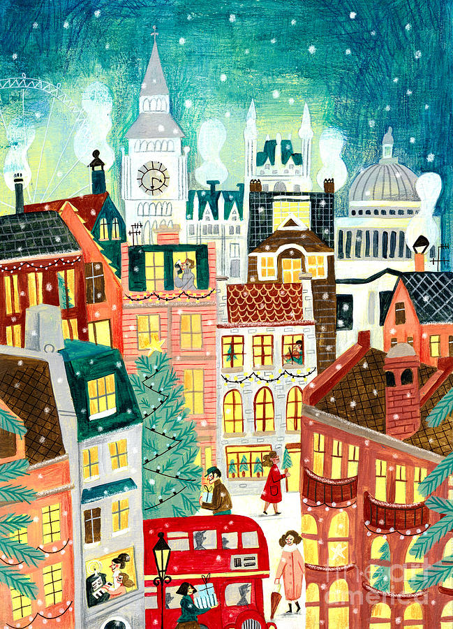 Christmas Drawing - London city in the snow by Caroline Bonne Muller