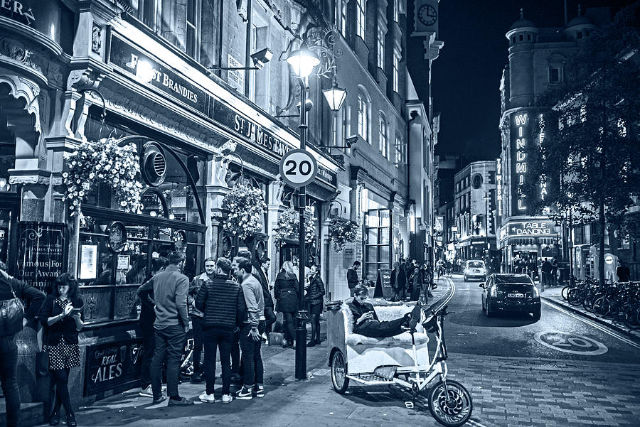 London England Nightlife St. James Pub Great Windmill Street Monochrome Blue NIghts Photograph by Toby McGuire