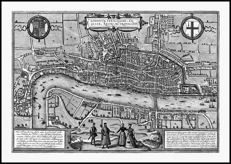 London Photograph - London England Vintage Antique Map 1582 Black and White  by Carol Japp