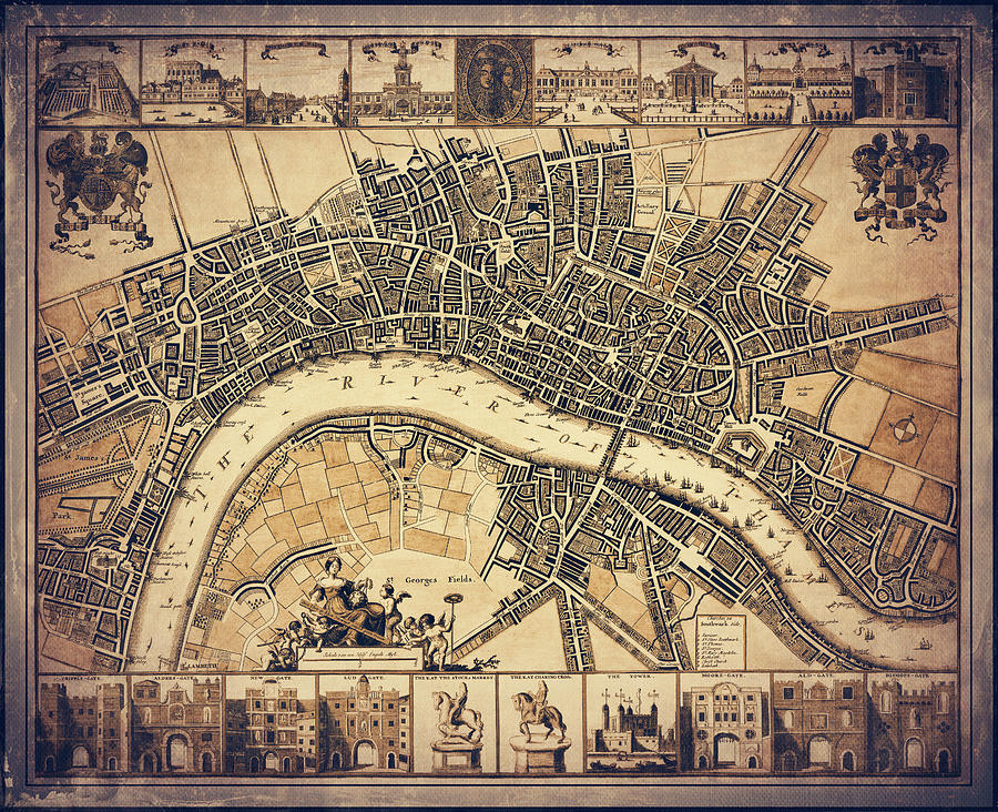 London Photograph - London England Vintage Historical Map 1688 Sepia by Carol Japp