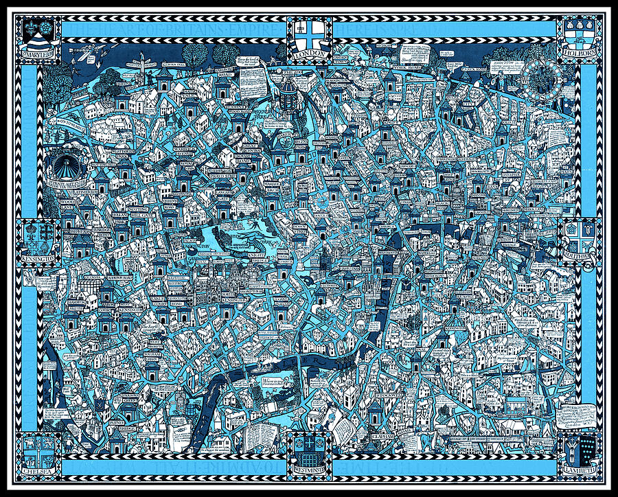 London Photograph - London England Vintage Pictorial Map 1914 Blue by Carol Japp