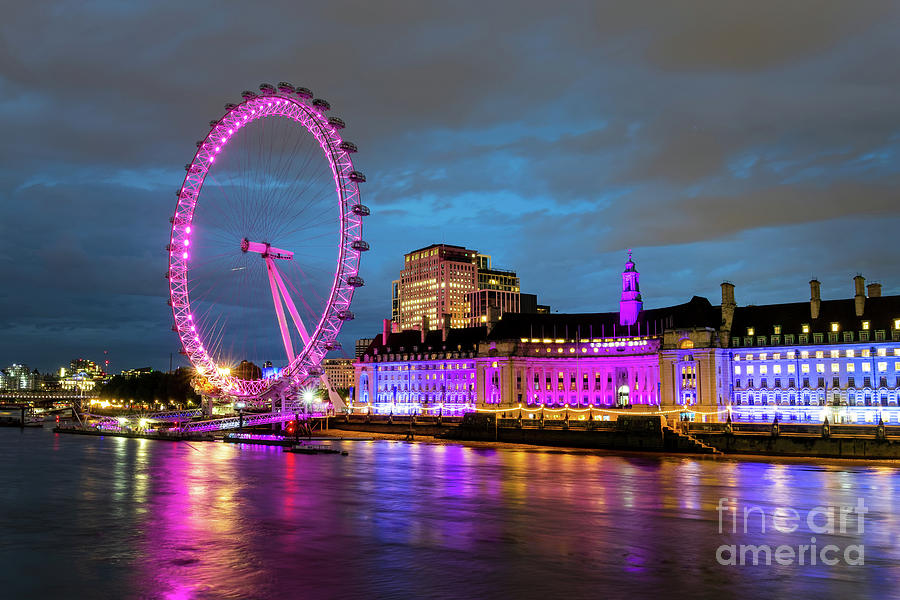 London Photograph - London Eye in pink at night by Delphimages London Photography