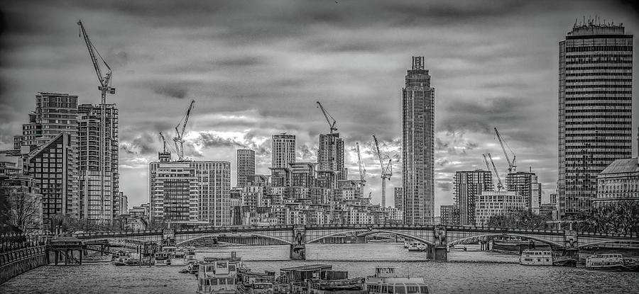 London Skyline Along the River Thames, Black and White Photograph by Marcy Wielfaert